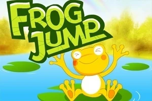 En glad gul frø strækker armene ud, omgivet af åkander på en blå sø, med teksten Frog Jump øverst