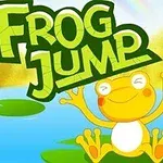 En glad gul frø strækker armene ud, omgivet af åkander på en blå sø, med teksten Frog Jump øverst
