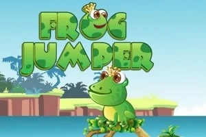 En tegneseriefarvet frø med krone sidder på en gren over vandet med teksten Frog Jumper i grønne bogstaver ovenfor