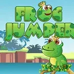 En tegneseriefarvet frø med krone sidder på en gren over vandet med teksten Frog Jumper i grønne bogstaver ovenfor