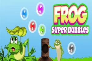En tegneseriefrø med et blad på hovedet og en anden frø ved et rør, omgivet af farverige bobler på en blå baggrund med teksten Frog Super Bubbles