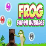 En tegneseriefrø med et blad på hovedet og en anden frø ved et rør, omgivet af farverige bobler på en blå baggrund med teksten Frog Super Bubbles