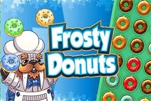 En animeret isbjørn i konditor-uniform holder farverige donuts i en vinterlig baggrund med teksten Frosty Donuts i midten