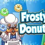 En animeret isbjørn i konditor-uniform holder farverige donuts i en vinterlig baggrund med teksten Frosty Donuts i midten