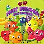Tegneseriefrugter med ansigter, herunder bananer, æble, ananas og bær, sammen med en farverig titel på grøn baggrund