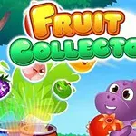 Tegnefilm med lilla dinosaur, frugter og teksten Fruit Collector på en farverig baggrund