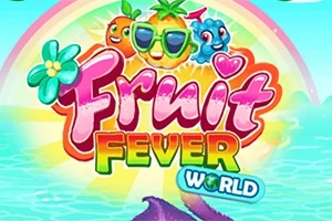 Farverige animerede frugter med solbriller og blomster, der smiler foran en regnbue og teksten Fruit Fever World over et blåt hav