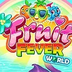 Farverige animerede frugter med solbriller og blomster, der smiler foran en regnbue og teksten Fruit Fever World over et blåt hav
