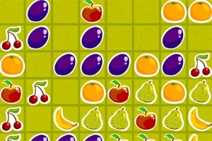 En række frugtmotiver, herunder druer, kirsebær, appelsiner, pærer, bananer og æbler, arrangeret på en grøn ternet baggrund