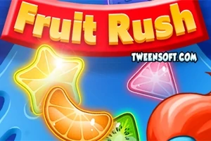 Farverige frugtsymboler og geometriske former mod en blå baggrund med teksten Fruit Rush