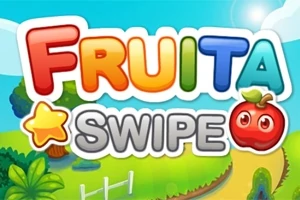 Farverig tekst med FRUITA SWIPE omgivet af en tegneserielandskab med planter og en sti