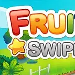 Farverig tekst med FRUITA SWIPE omgivet af en tegneserielandskab med planter og en sti