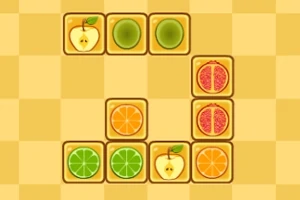 Frugtikoner arrangeret i en gitterform, herunder æbler, lime, appelsiner og grapefrugter på en lys ternet baggrund