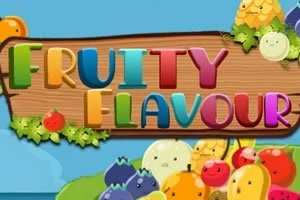 Farverigt skilt med teksten Fruity Flavour omgivet af glade frugtillustrationer
