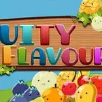 Farverigt skilt med teksten Fruity Flavour omgivet af glade frugtillustrationer
