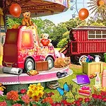 En farverig karrusel med en rød brandbil og en kæphest omgivet af balloner, bamser og blomster i en park