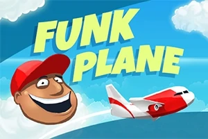 En animeret tegneseriefigur med rød kasket smiler ved siden af et rødt og hvidt fly på en blå himmel med skyer, og teksten Funk Plane er vist øverst
