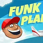 En animeret tegneseriefigur med rød kasket smiler ved siden af et rødt og hvidt fly på en blå himmel med skyer, og teksten Funk Plane er vist øverst