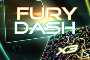 Neonfarvede geometriske former og teksten FURY DASH på en mørk baggrund med lysmønstre og effekter