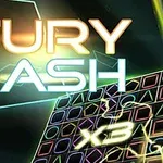 Neonfarvede geometriske former og teksten FURY DASH på en mørk baggrund med lysmønstre og effekter
