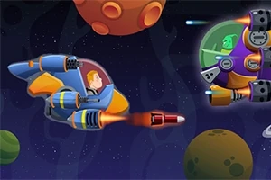 En tegneserieagtig rumszene med et blå-orange rumskib og en astronaut, der skyder mod et lilla-rumskib med en grøn rumvæsen i et stjernefyldt univers med farverige planeter