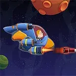 En tegneserieagtig rumszene med et blå-orange rumskib og en astronaut, der skyder mod et lilla-rumskib med en grøn rumvæsen i et stjernefyldt univers med farverige planeter