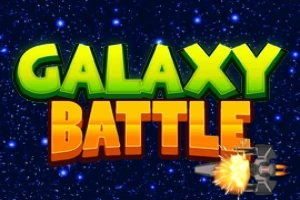 Teksten Galaxy Battle i grønne og orange bogstaver mod en stjernefyldt baggrund med en eksplosion og et rumskib i det nederste højre hjørne