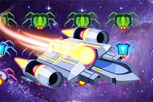 Futuristisk rumskib skyder stråler mod farverige, fremmede væsner i rummet med en stjernehimmel i baggrunden