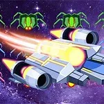 Futuristisk rumskib skyder stråler mod farverige, fremmede væsner i rummet med en stjernehimmel i baggrunden