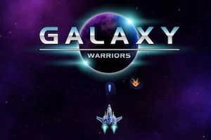 Rumskib med lysende blå motorer under en violet stjernehimmel med teksten GALAXY WARRIORS foran en planet