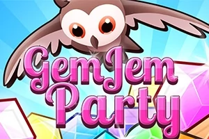 En ugle med store øjne flyver over teksten Gem Jem Party omgivet af farverige ædelsten på en lyseblå baggrund
