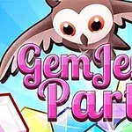 En ugle med store øjne flyver over teksten Gem Jem Party omgivet af farverige ædelsten på en lyseblå baggrund