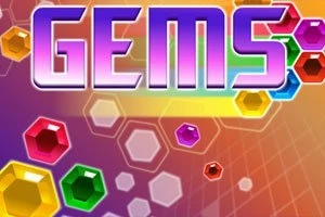 Farverige ædelstene og ordet GEMS i et levende, geometrisk mønster