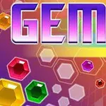 Farverige ædelstene og ordet GEMS i et levende, geometrisk mønster