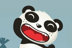 Tegnet glad panda med stor rød mund og løftede ører, sat mod en lyseblå baggrund