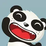 Tegnet glad panda med stor rød mund og løftede ører, sat mod en lyseblå baggrund