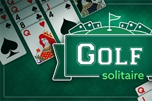 Flere spillekort er spredt ud over en grøn baggrund ved siden af teksten Golf Solitaire