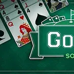 Flere spillekort er spredt ud over en grøn baggrund ved siden af teksten Golf Solitaire
