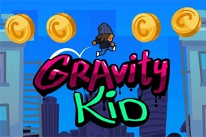 Tegneseriefigur i en blå hue hopper gennem en by med mønter i luften og teksten Gravity Kid i forgrunden