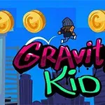 Tegneseriefigur i en blå hue hopper gennem en by med mønter i luften og teksten Gravity Kid i forgrunden