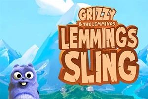 En lilla bjørn med store øjne står foran en bjerglandskab med teksten Grizzy & the Lemmings: Lemmings Sling i forgrunden