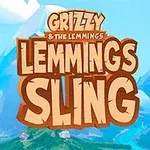 En lilla bjørn med store øjne står foran en bjerglandskab med teksten Grizzy & the Lemmings: Lemmings Sling i forgrunden