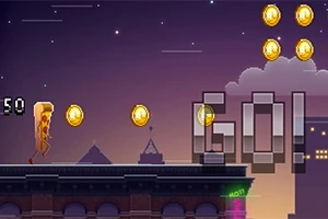 En pixelgrafikscene med en hotdog-lignende karakter, der løber på et tag og samler mønter under en lilla nattehimmel med teksten GO!