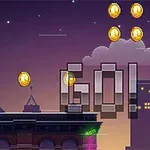 En pixelgrafikscene med en hotdog-lignende karakter, der løber på et tag og samler mønter under en lilla nattehimmel med teksten GO!