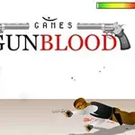 To personer i en duel, den ene står oprejst og skyder, mens den anden ligger på jorden og skyder tilbage, med Gunblood tekst ovenfor