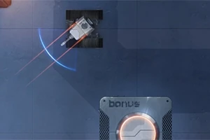 En robot skyder laserstråler mod en kvadratisk åbning over en boks med en oplyst cirkel og ordet bonus