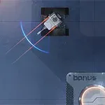 En robot skyder laserstråler mod en kvadratisk åbning over en boks med en oplyst cirkel og ordet bonus