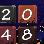 Fire farvede blokke med tallene 2, 0, 4 og 8 mod en mørk baggrund med Halloween-tema og gravsten