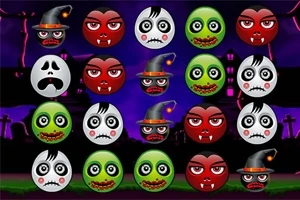 Farverige ansigter med halloween-tema, herunder vampyrer, zombier, hekse og spøgelser, arrangeret i rækker med en mørk baggrund