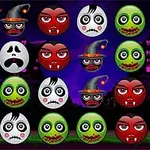 Farverige ansigter med halloween-tema, herunder vampyrer, zombier, hekse og spøgelser, arrangeret i rækker med en mørk baggrund